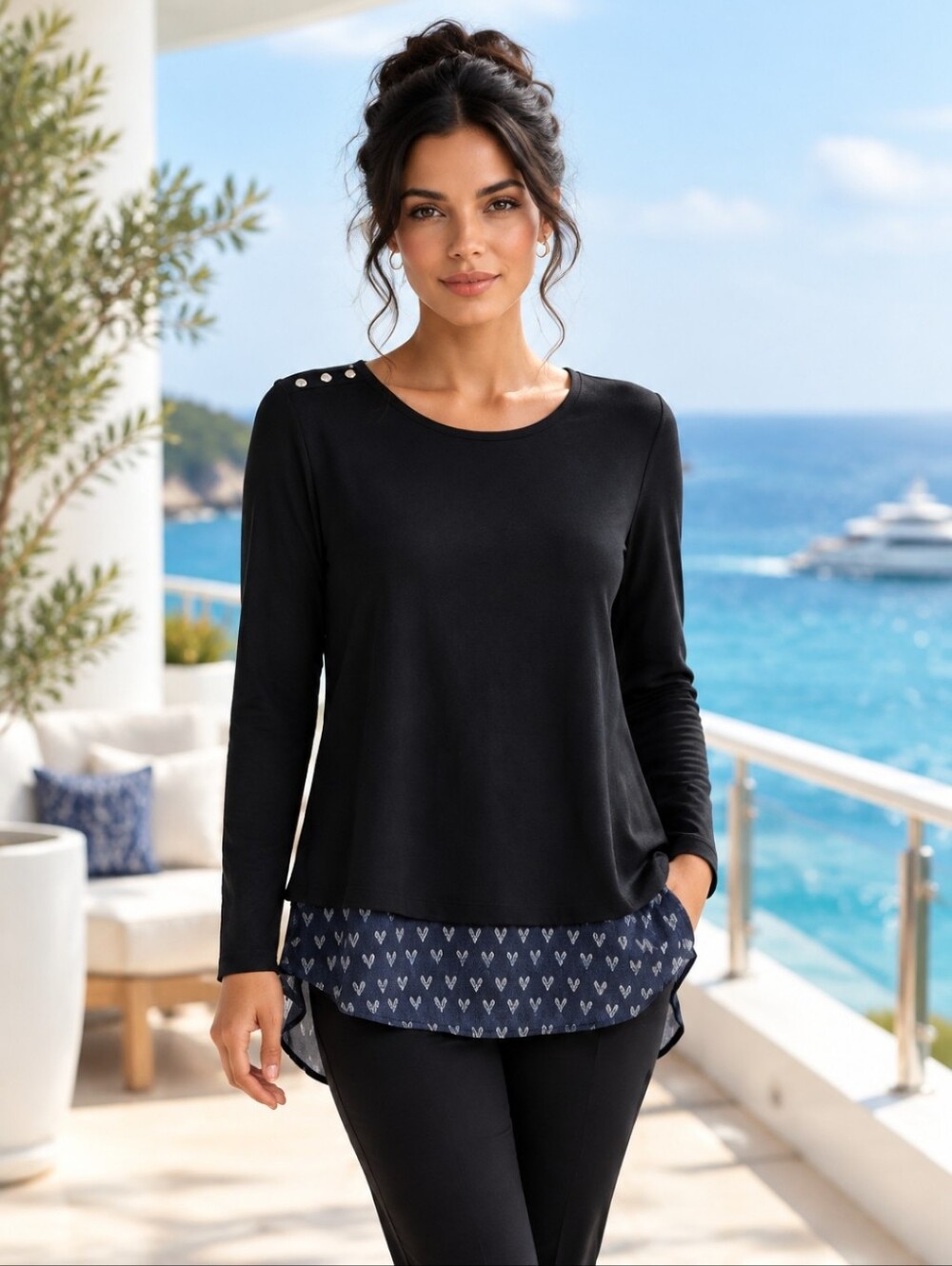 Carol Rose Scoop Neck Layered Hem Long Sleeve Top Size Medium